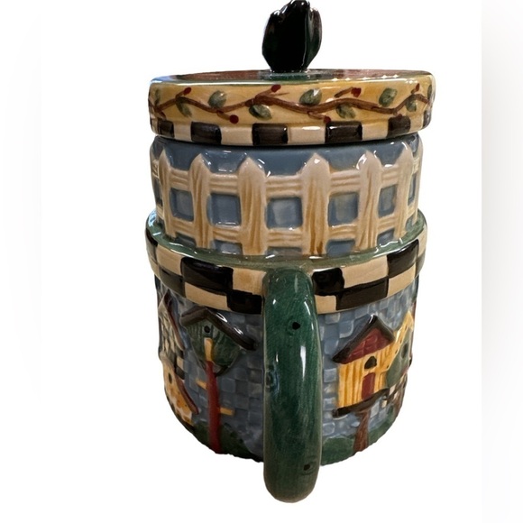 Sakura Debbie Mumm Ceramic Birdhouses Picket Fence Teapot With Blackbird on Lid - Picture 2 of 15